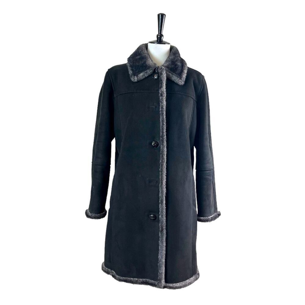 Utex Women’s Winter Coat Suede Faux Fur Trim Lined Heavy Black Gray Size Large